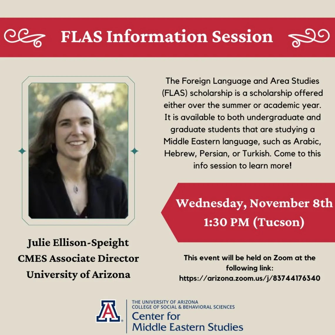 Flyer for FLAS information session, held over zoom. 