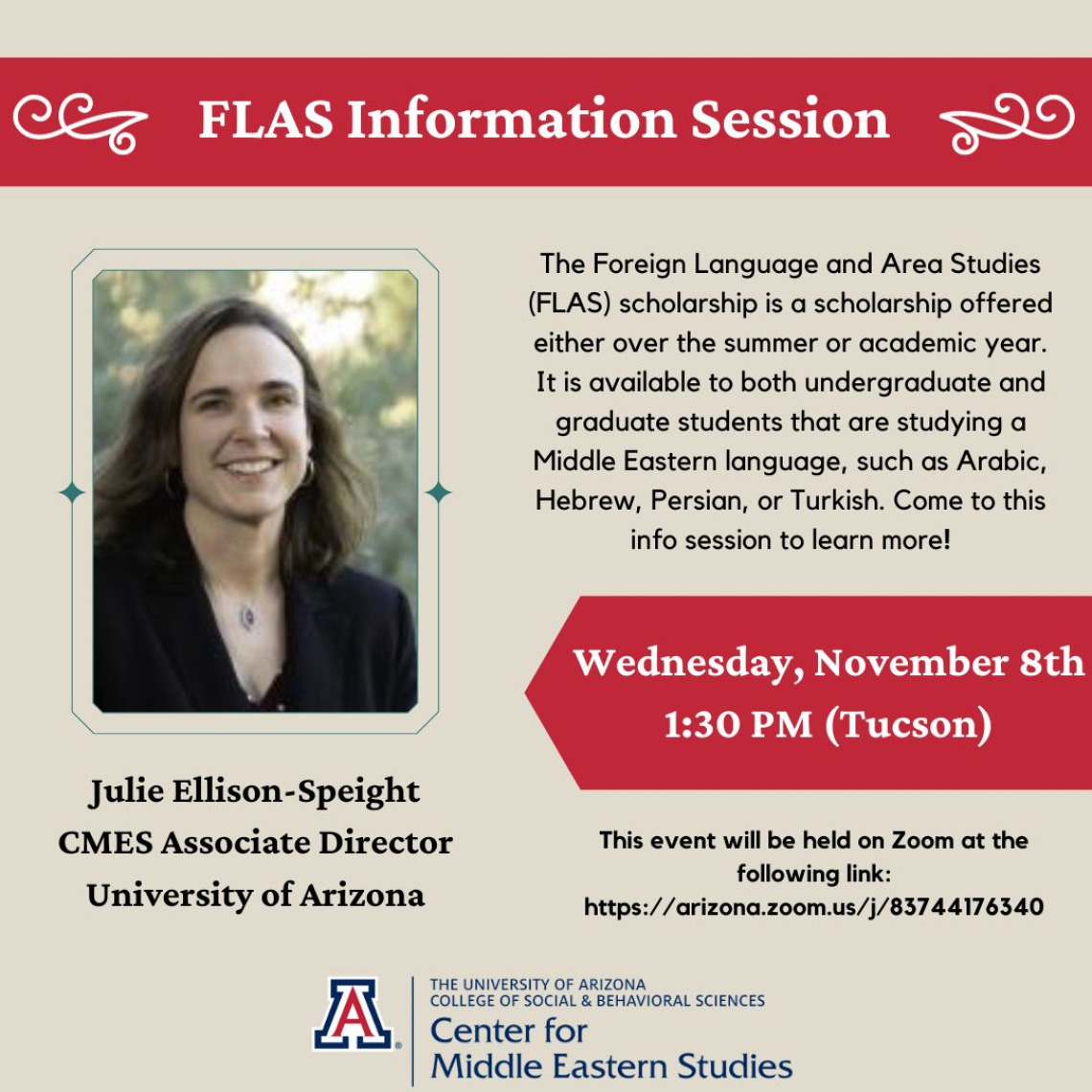 Flyer for FLAS information session, held over zoom. 