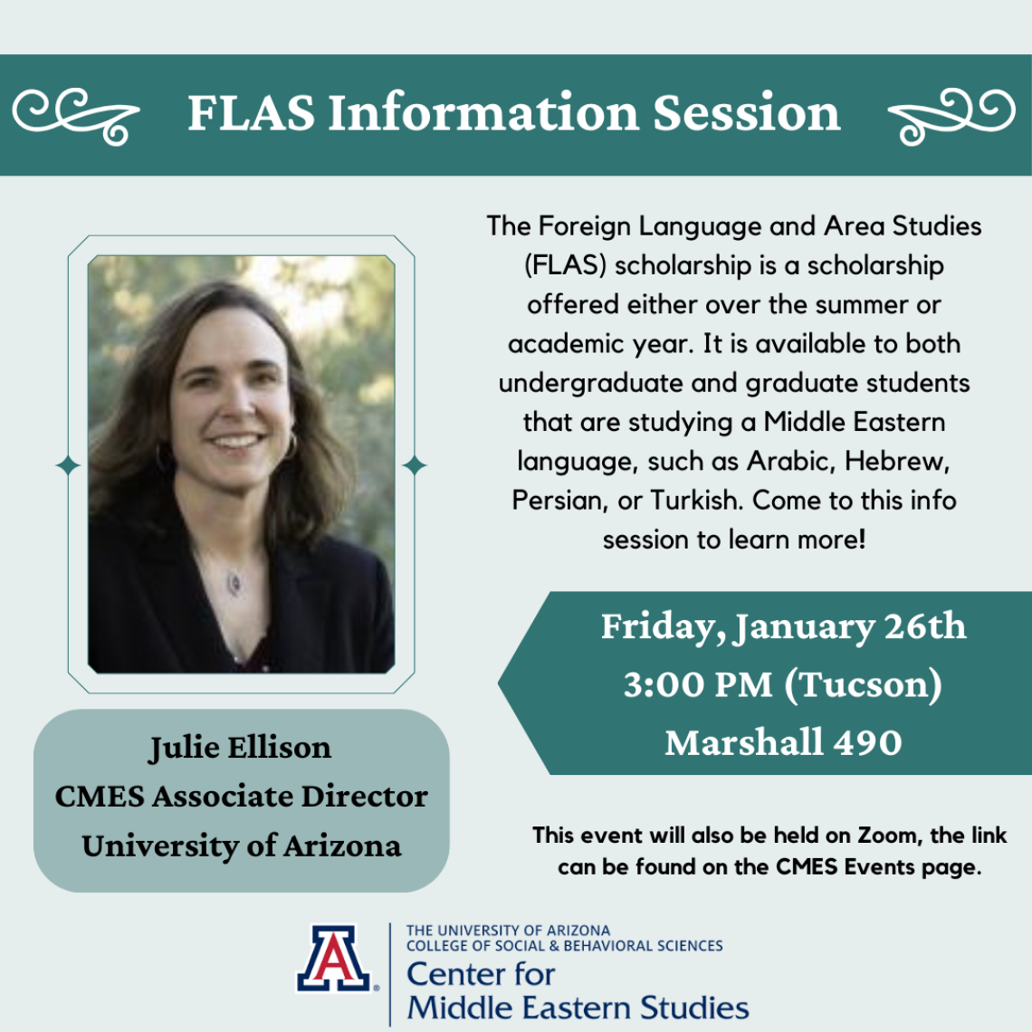 FLAS January Info Session Flyer, Jan 26 at 3:00pm, Zoom, Marshall 490