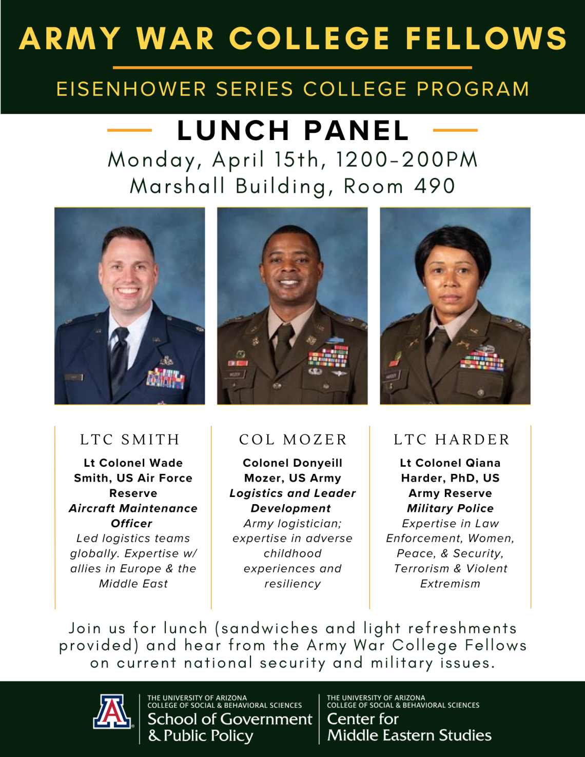 Army War College Fellows Lunch Panel, Event Flyer, Monday April 15th, 12-2PM, Marshall building Room 490
