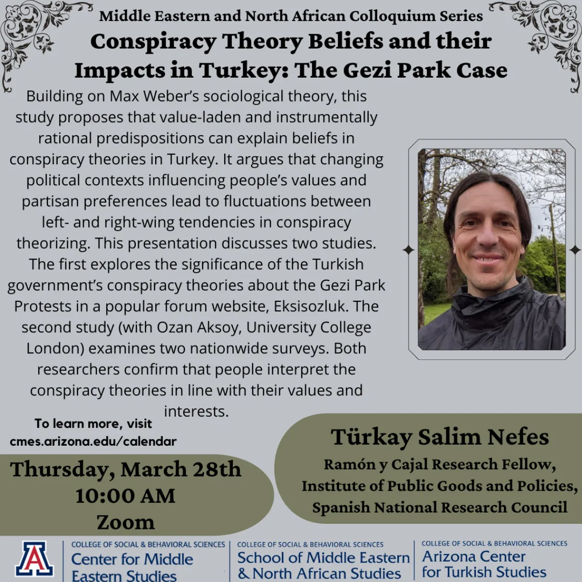 Flyer for talk showing a photo of the author, abstract, date, and time. Information is also below the image in writing.