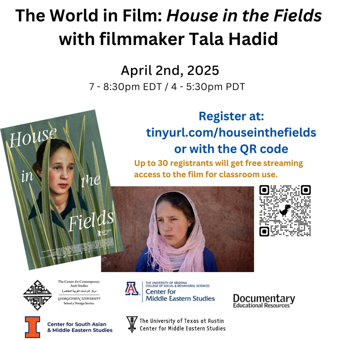 Flyer for the webinar, including publicity photos of a girl's face, one in a pink hijab, one without hijab, registration information, and logos of 4 Title VI centers and Documentary Educational Resources