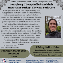 Flyer for talk showing a photo of the author, abstract, date, and time. Information is also below the image in writing. 