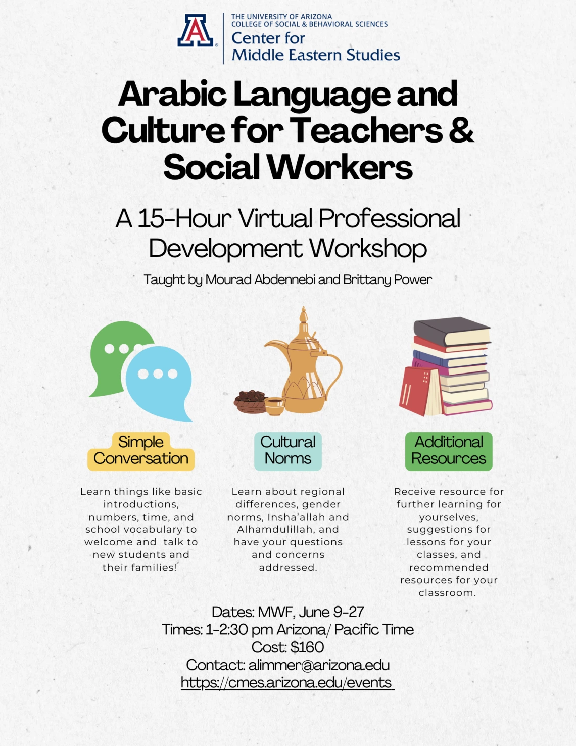 flyer containing the same information listed in text below, with pictues of text bubbles for conversation, a samovar and tea cup for culture, and books for additional resources. The link is to this page.