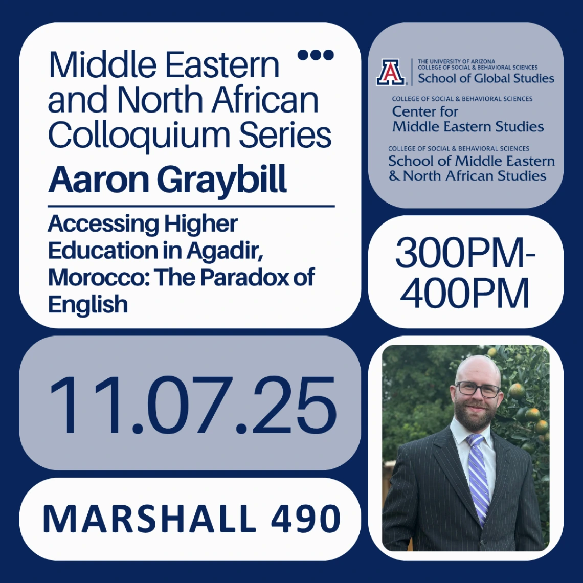 MENAS Colloquium Series Flyer: Graybill, November 7 - Accessing Higher Education in Agadir, Morocco: The Paradox of English