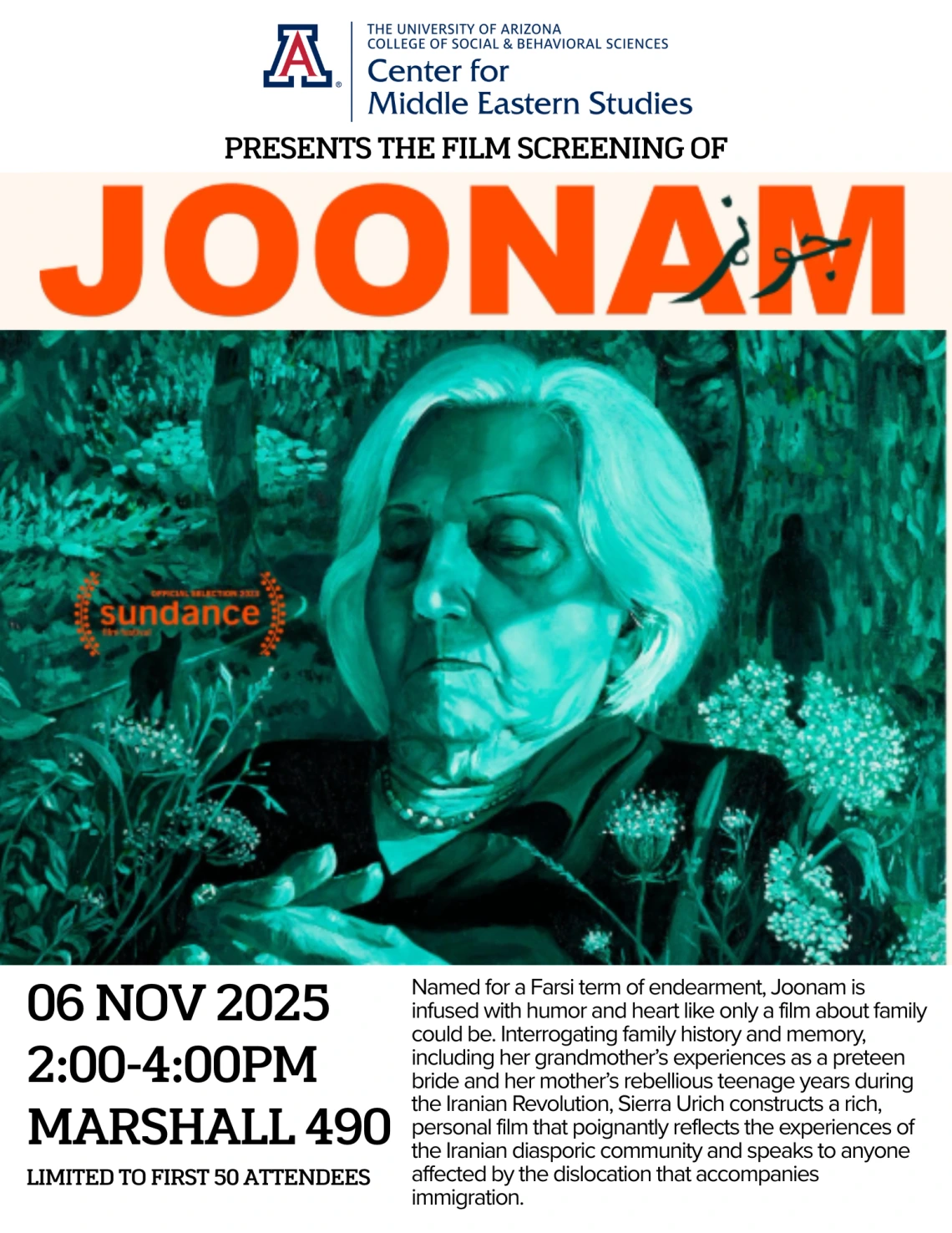 Flyer for the film screening of Joonam. November 6 at 2:00PM in Marshall 490